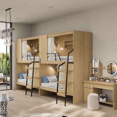 Hostel-Ready Fully Enclosed Modern Apartment Wooden Bunk Beds and Steel Foot Stairs