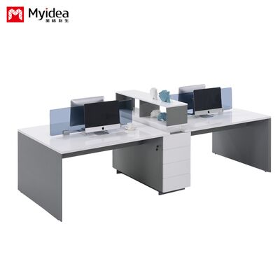 4-person staff desk with storage drawers, white glossy painted office desk