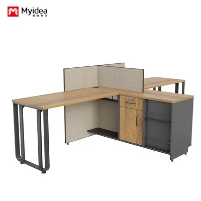 Two person office desk with steel leg storage side cabinet, staff desk made of melamine board material
