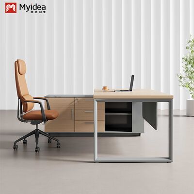 Myidea Solid Wood L-Shaped Executive Desk with Sub Cabinet and Multiple Steel Feet for Office Building