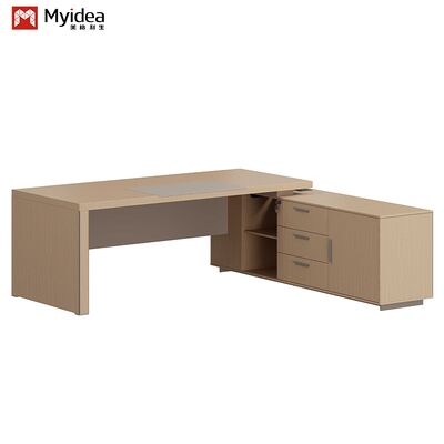 Myidea Solid Wood L-Shaped Executive Desk with Sub Cabinet and Aluminum Alloy Edge-covered Feet for Office Building