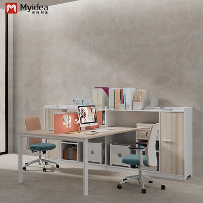 Two Staff Members Facing Each Other, Office Desk, Bright Color Screen,Storage Cabinet with Unique Shape