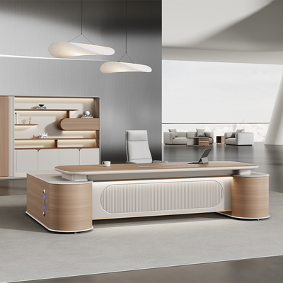 Buy PVC Coated Curved Desktop boss Desk Painted Process Office Desk with Voice Controlled Ambient Light online manufacture