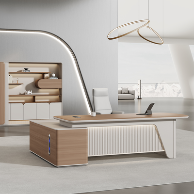 Buy Modern PVC Coated Curved Top Boss Desk – Painted Lacquer Surface, Voice Activated LED Ambient Lighting online manufacture