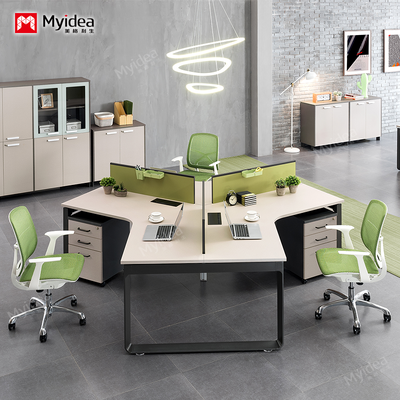 Buy 3-Person Modular Workstation with Thickened Steel Legs and Privacy Screens – Unique Shaped Design for Collaborative Team Spaces. online manufacture